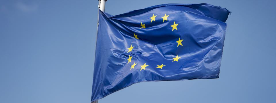 Flagge der EU in blau mit gelben Sternen in einem Kreis.