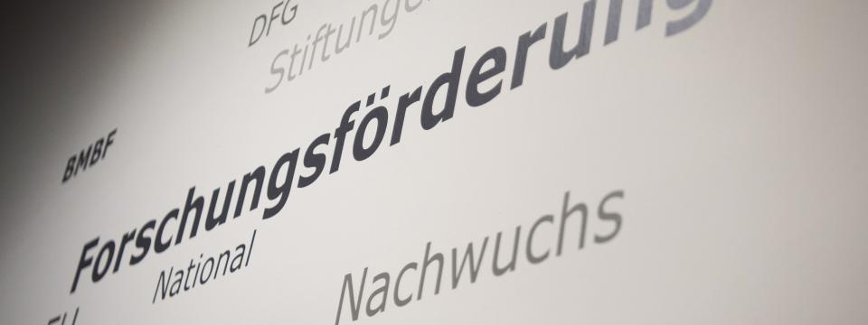 Wörter an einer Wand, im Zentrum steht "Forschungsförderung"