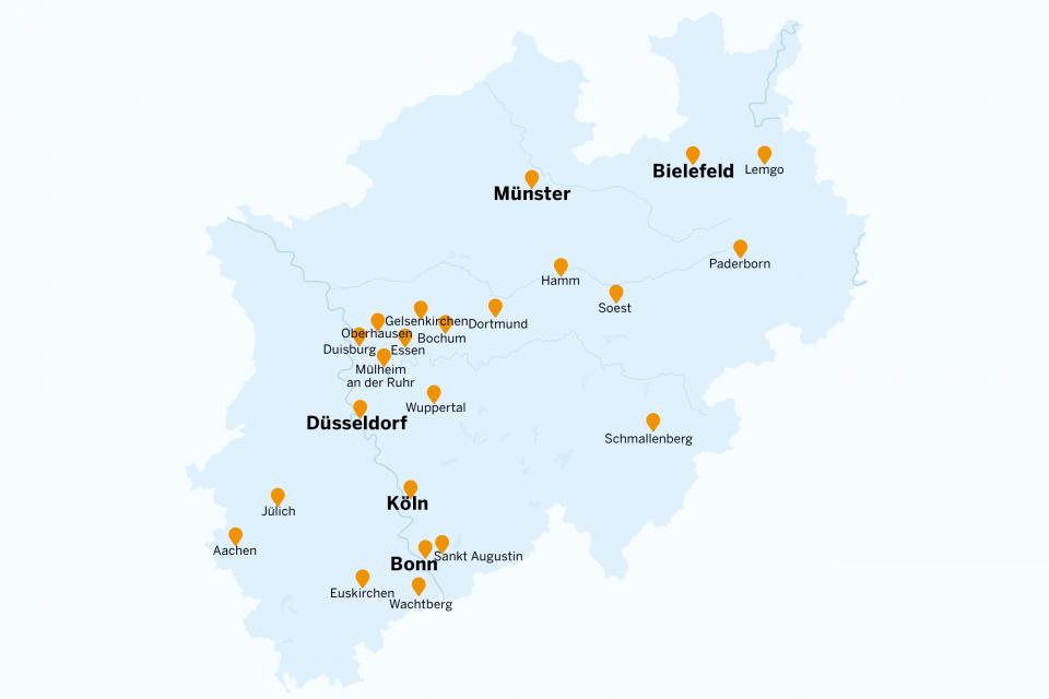 Eine Karte von Nordrhein-Westfalen. Eingezeichnet sind die Standorte außeruniversitärer Forschungseinrichtungen.