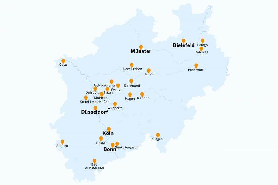 Auf einer Landkarte sind alle Hochschulen in Nordrhein-Westfalen verzeichnet.