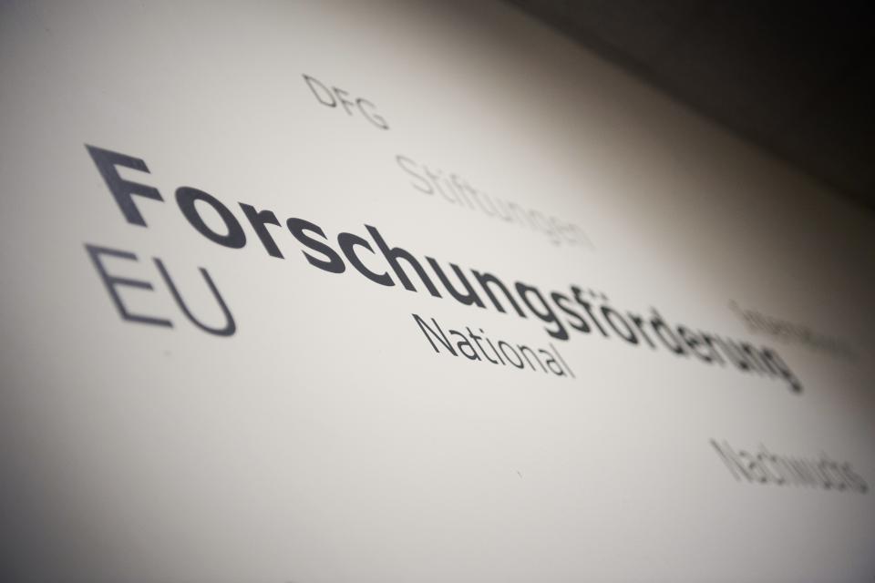 Wörter an einer Wand, im Zentrum steht "Forschungsförderung"